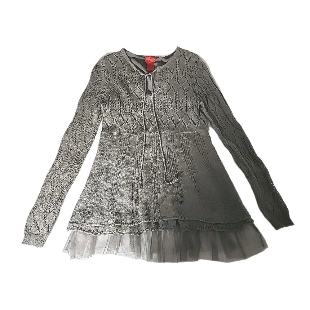 Christina V Women's Medium Crochet Sweater Long Sleeve Gray Toole‎ Trim Boho EUC